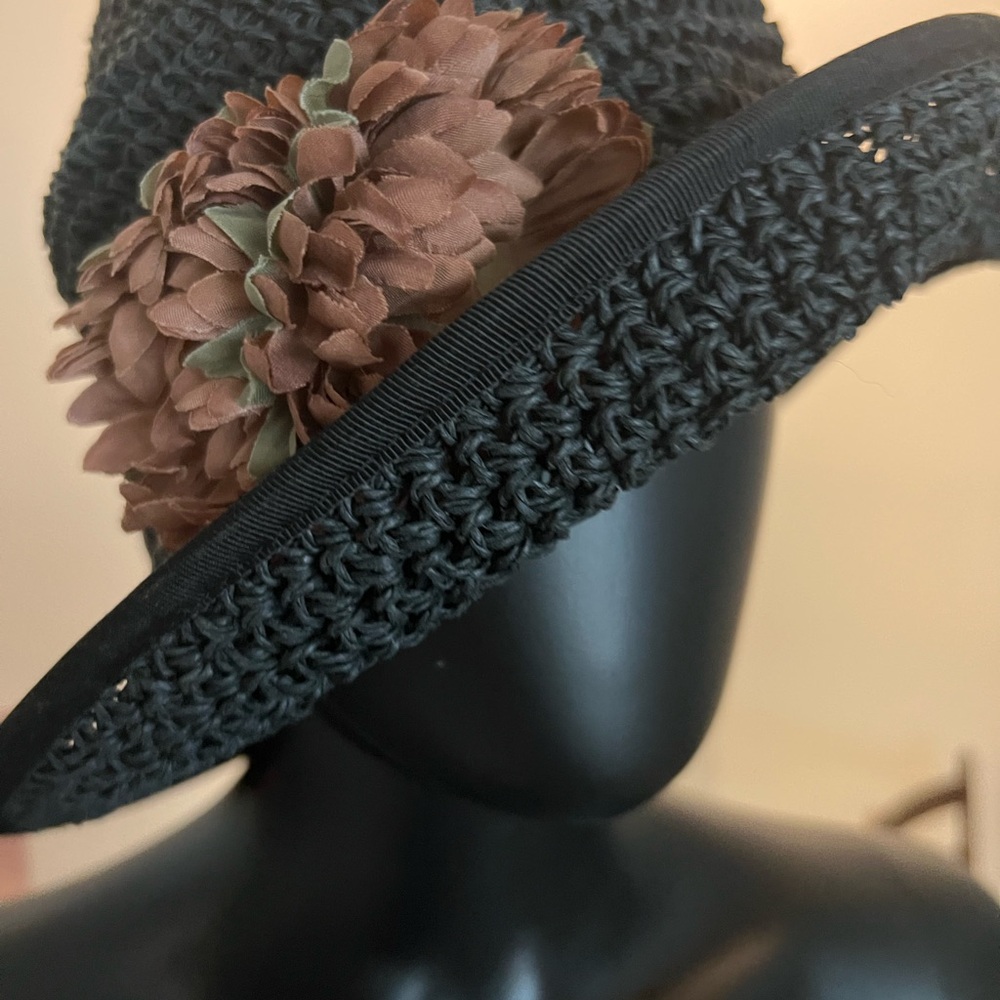 Black Paper Straw Sun Hat with Floral Accent
